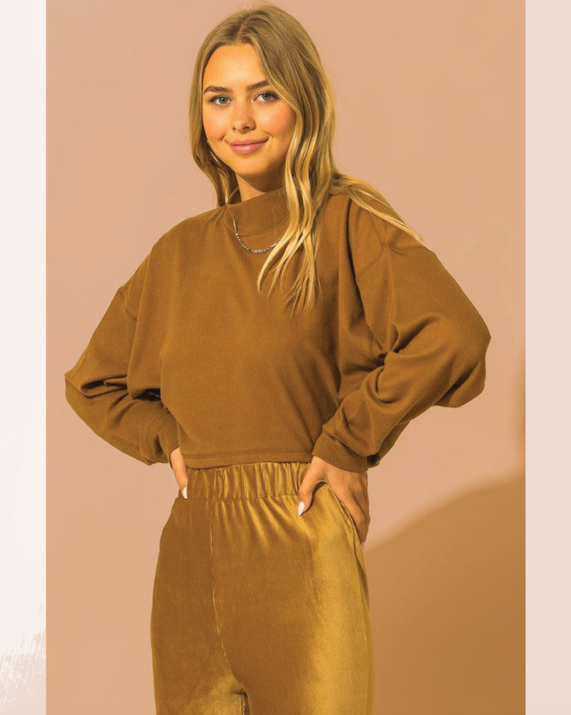 Mock Neck Oversized Crop Long Sleeve