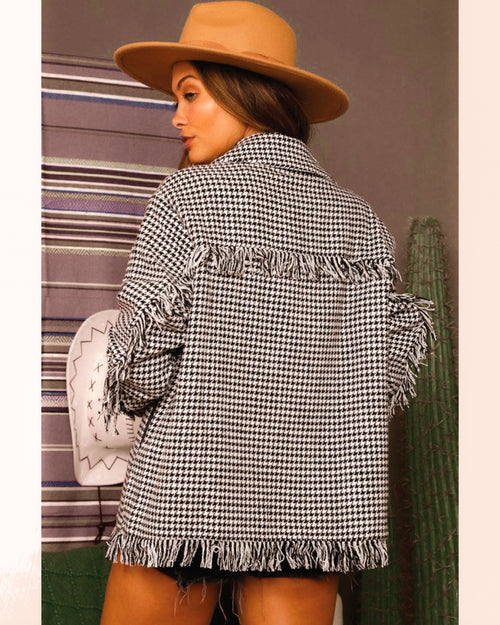 Houndstooth Jacket with Fringe Details