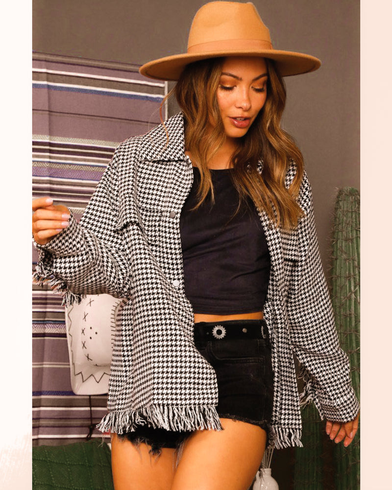 Houndstooth Jacket with Fringe Details