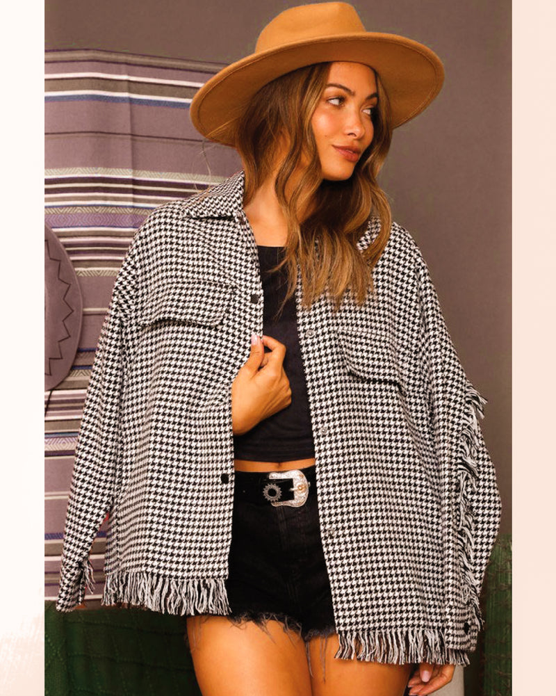 Houndstooth Jacket with Fringe Details