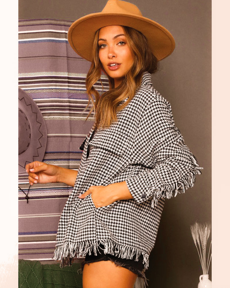 Houndstooth Jacket with Fringe Details