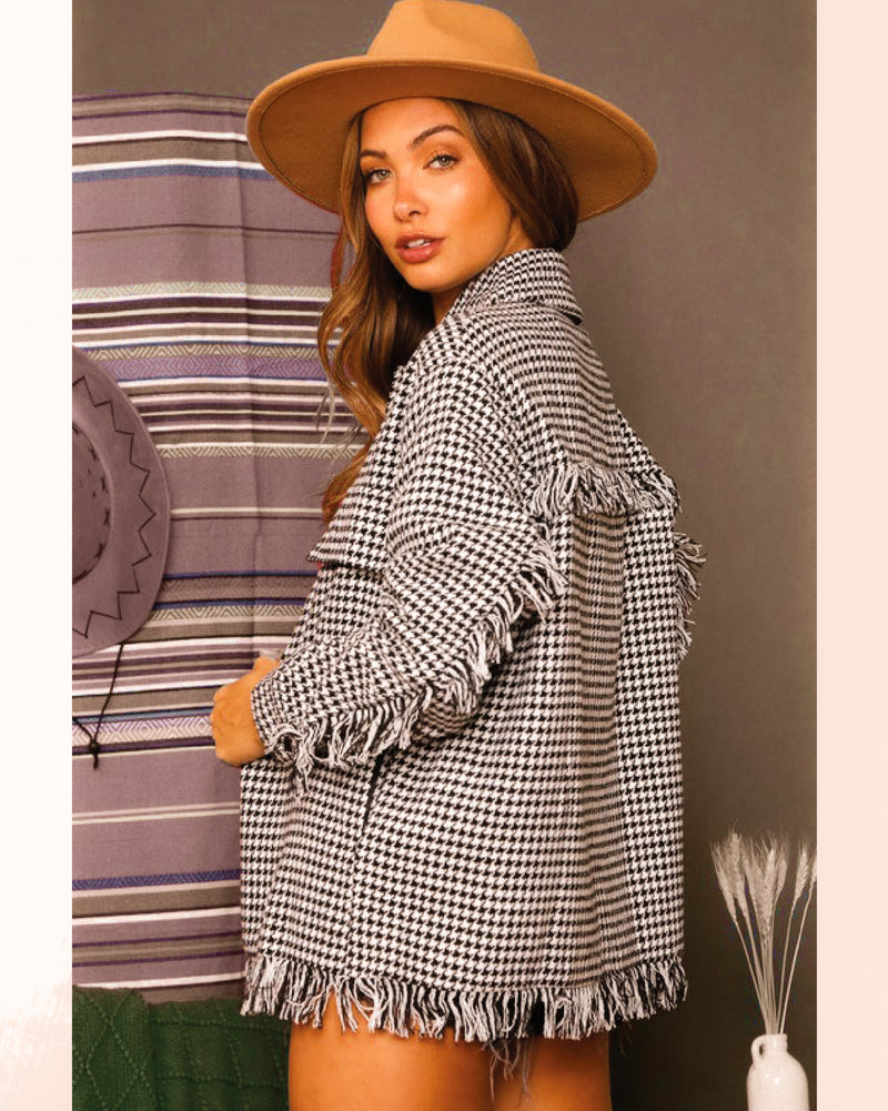 Houndstooth Jacket with Fringe Details