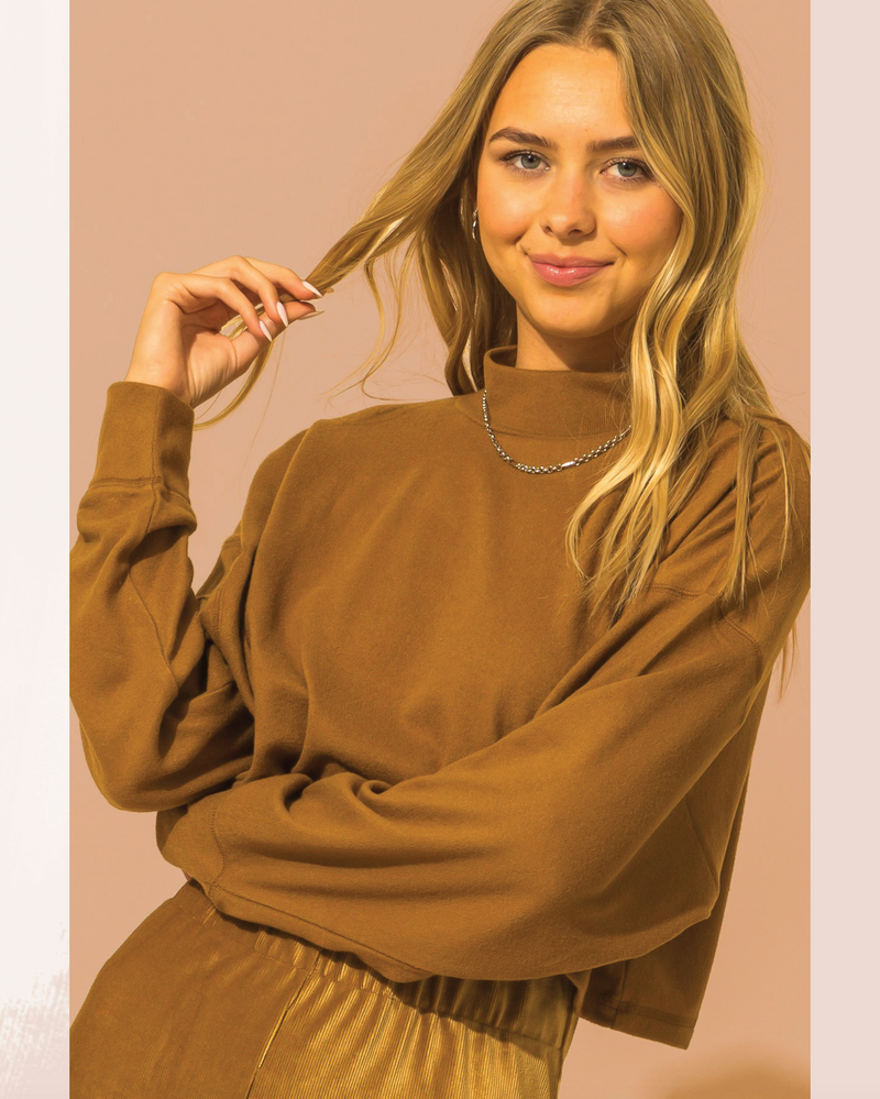 Mock Neck Oversized Crop Long Sleeve